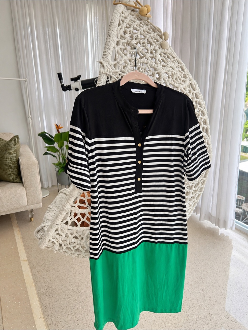 Calvin Klein Black, White & Green Striped Henley Dress